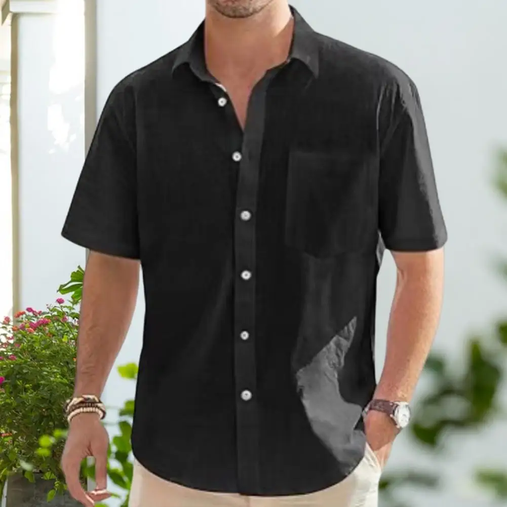 

Рубашка мужская с воротником с пуговицами, стильная блуза с отложным воротником, Офисная пляжная одежда, однотонный Повседневный Топ на пуговицах, на лето