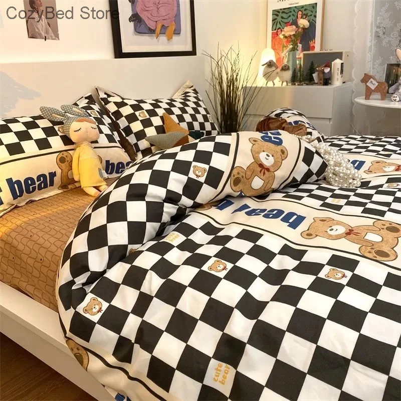 

Checkerboard Bear Bedding Sets Children Bed Linen Sheet Plaid Single Double Queen Size Duvet Cover Sets Bedclothes