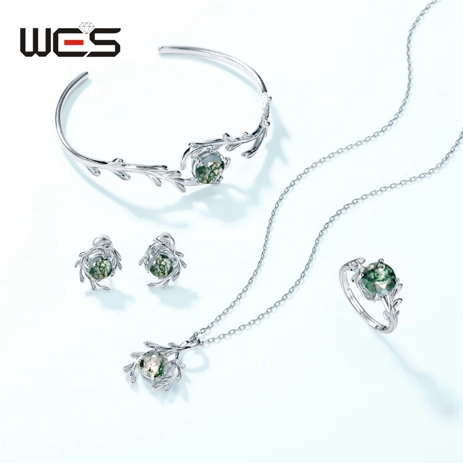 

WES 925 Sterling Silver Natural Gemstone 8*8mm Moss Agate Jewelry Set for Women With Gift Box Wholesale Wedding Gifts Trendy