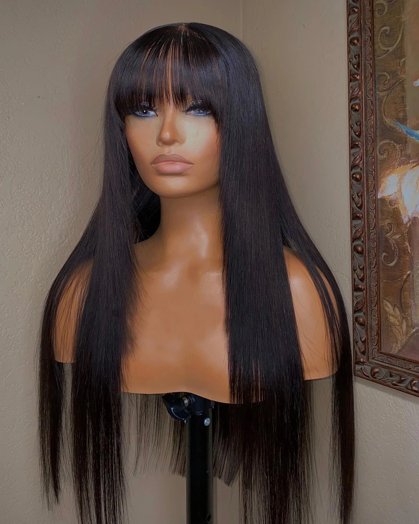 

Soft Natural Black Silky Straight 26"Long 180Density Machine Wig With Bangs For Women High Temperature Cosplay Glueless Daily