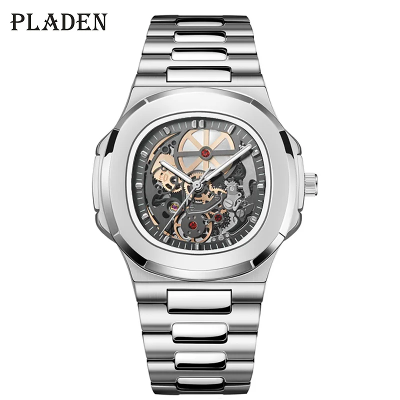 

New Silver Mechanical Watch For Men Top Brand Stainless Steel Tourbillon Automatic Wristwatch Fashion Business Diver Male Clock