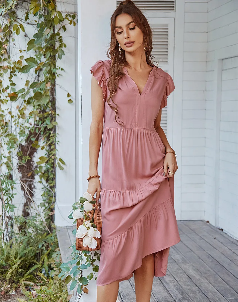 New Women's Spring Summer Leisure Vacation A Line Dress V Neck Sexy Flying Sleeve Solid Color Dresses New Women's Spring Summer Leisure Vacation A Line Dress V Neck Sexy Flying Sleeve Solid Color Dresses