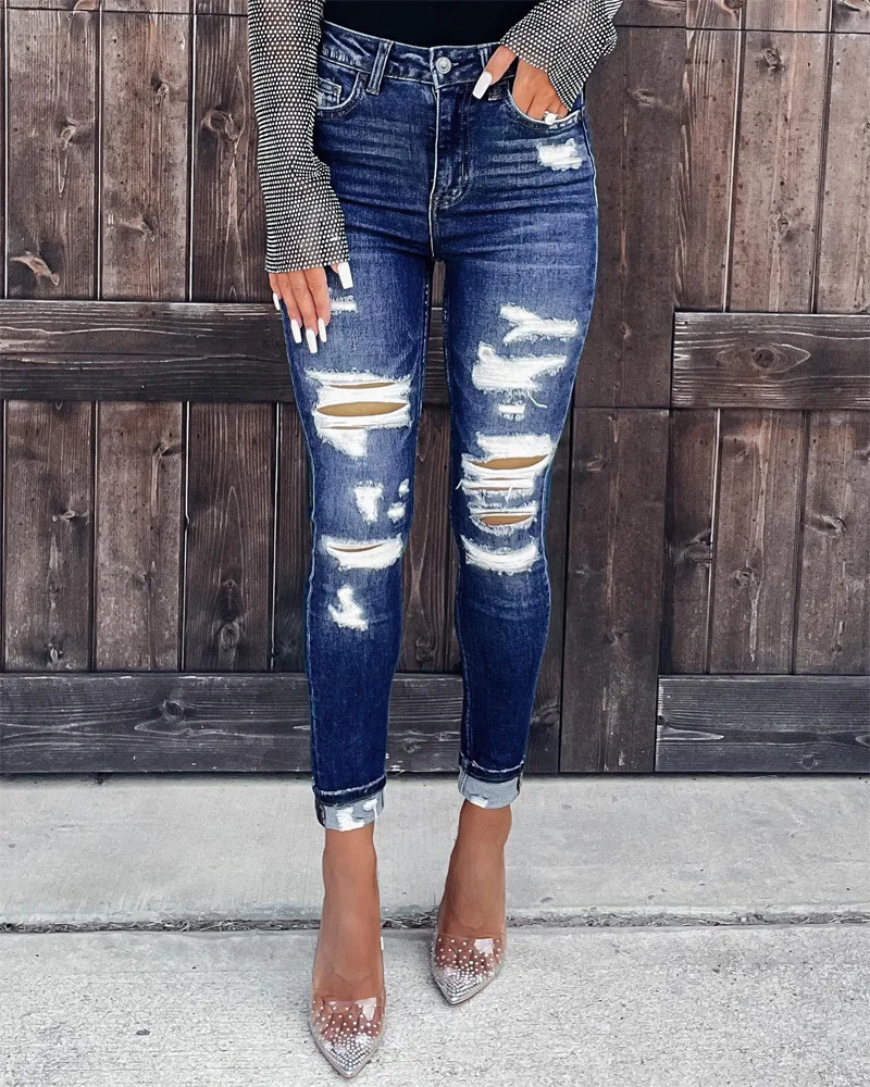 

Zipper Fly Cutout Ripped Skinny Jeans Slim Women 2023 Spring Summer Hollow Out Hole Bleached Slim Pencil Ankle Denim Pants Jeans