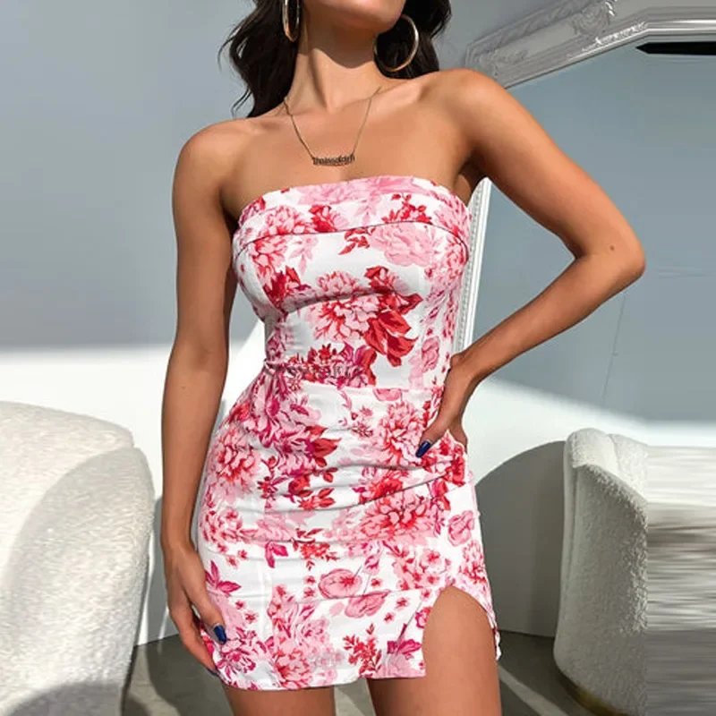 

Women Summer Mini Dress Solid Color Ladies Floral Printed Bandeau Dress Slim Fit Side Slit Vintage Style Vacation Outfit YDL47