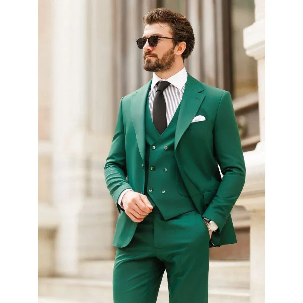 

Green Men Suits 3 Piece Jacket Pants Solid Color Customized Vest Notch Lapel Single Breasted Wedding Groom Outfits