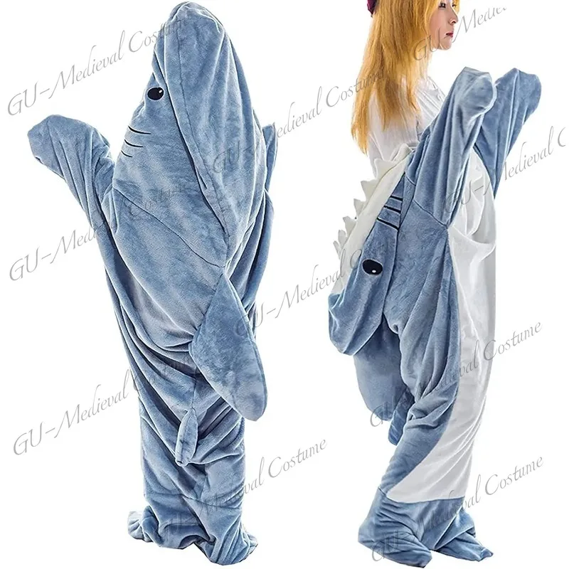 

Adult Shark Sleeping Bag Pajamas Office Nap Blanket Soft Cozy Warm Flannel Hoodie Onesie Shark Cosplay Costume For Women Men