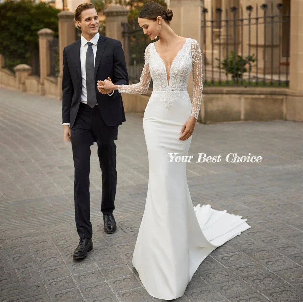 Vintage Lace Mermaid Wedding Dresses Appliques Long Sleeves Deep V-Neck Satin Bridal Gowns Buttons Elastic Bride Dress
Vintage Lace Mermaid Wedding Dresses Appliques Long Sleeves Deep V-Neck Satin Bridal Gowns Buttons Elastic Bride Dress