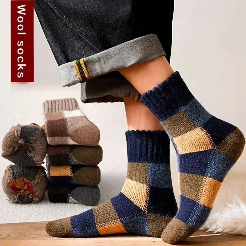 

Warm Thick Middle Thermal Cold Pattern Colourblock Wool 5 Men's Weather Boot Hose For Outdoor Plaid Sock Sock Length Pairs Snow