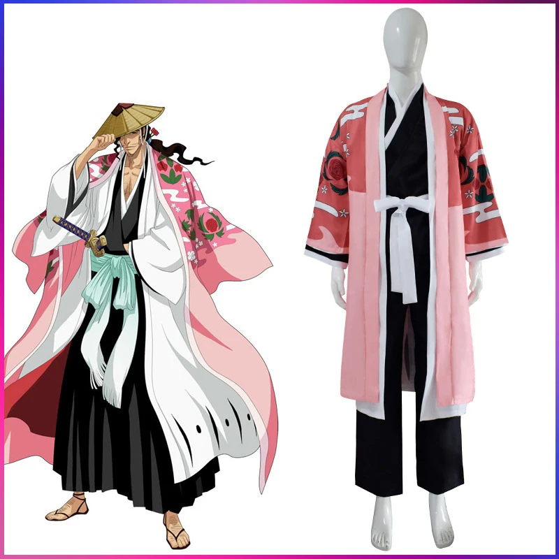 

Anime BLEACH Kyoraku Jiro Sozosa Shunsui Cosplay Costume Shinigami Pink Cloak Black Outfit Halloween Kimono Uniform Suit