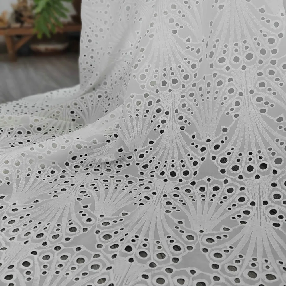 

2YDS White pure cotton embroidery lace fabric eyelect hole embroideried clothing for woman dress apparel with fan or shell shape