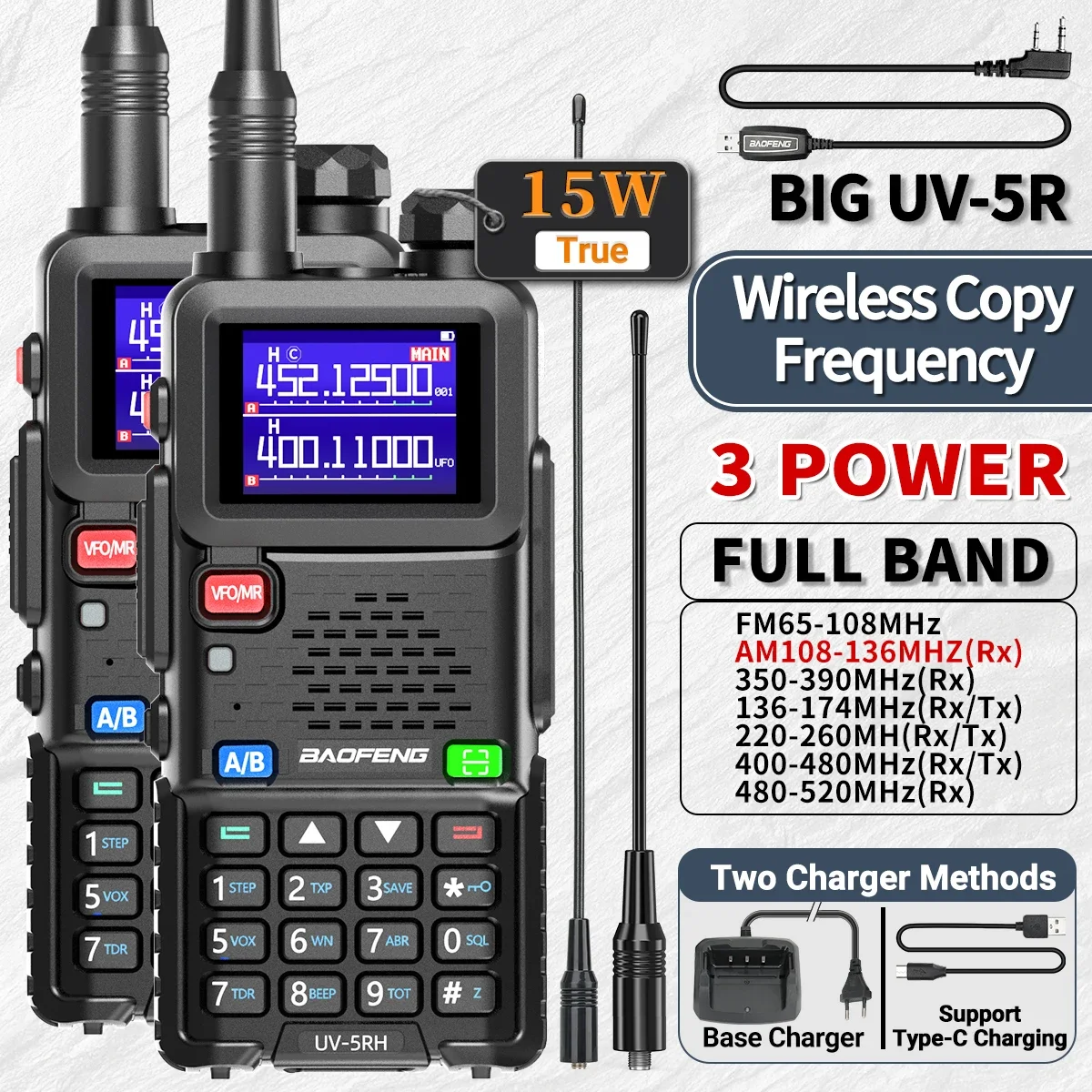 2PCS Baofeng UV-5RH Air Band Walkie Talkie 10W Wirless Copy Frequency Type-C Charging Upgraded UV 5R Two Way Radio
2PCS Baofeng UV-5RH Air Band Walkie Talkie 10W Wirless Copy Frequency Type-C Charging Upgraded UV 5R Two Way Radio
