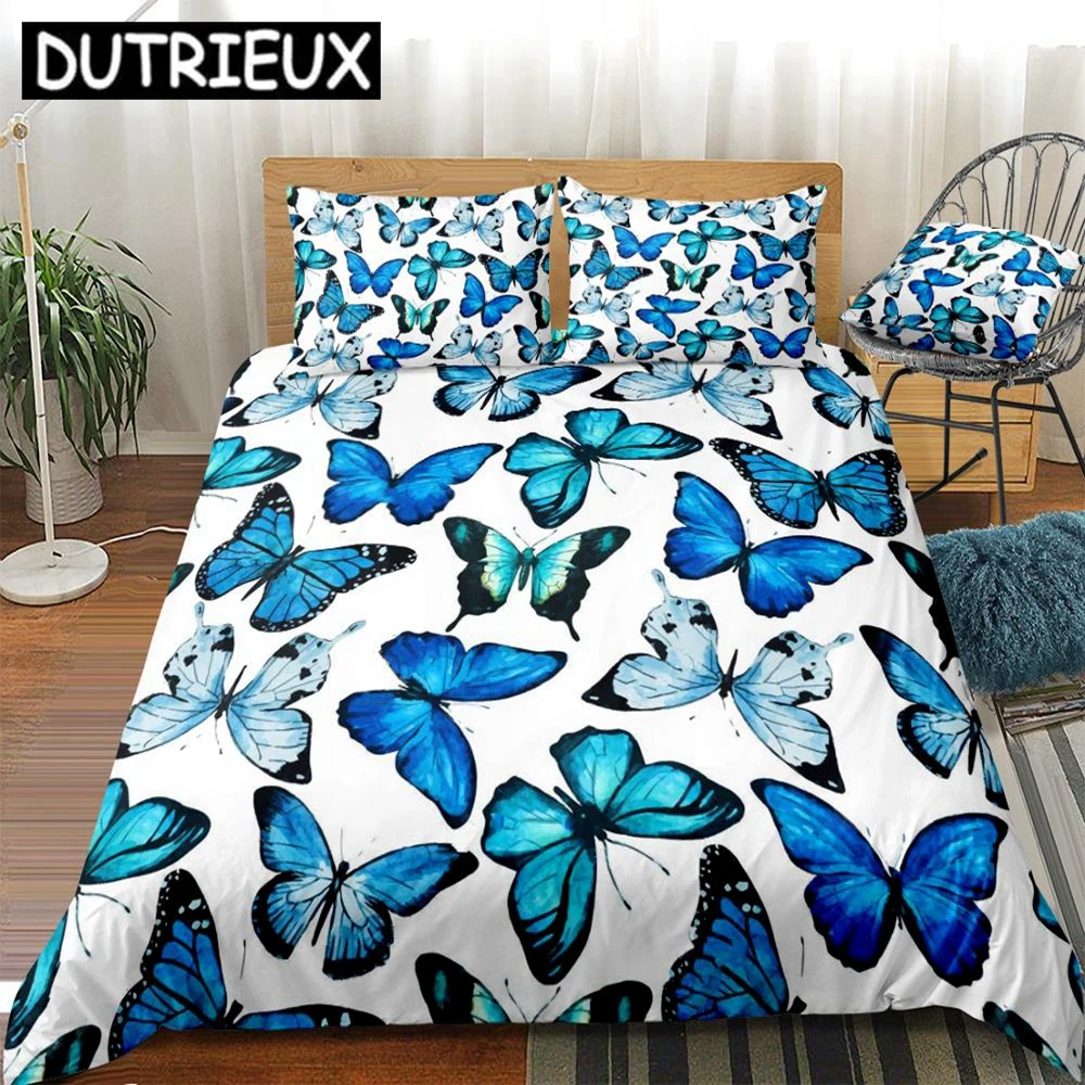 

3 Pieces Watercolor Butterflies Duvet Cover Set Blue Butterfly Bed Set White Bedding Kids Girls Quilt Cover Queen Dropship