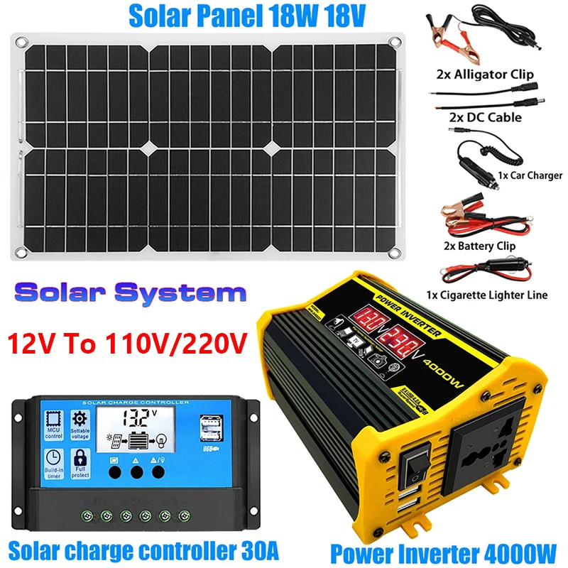

4000W Solar Power System 12V to 220V Inverter 18W Solar Panel 30A Controller Emergency Power Generator Battery Charge Car Home