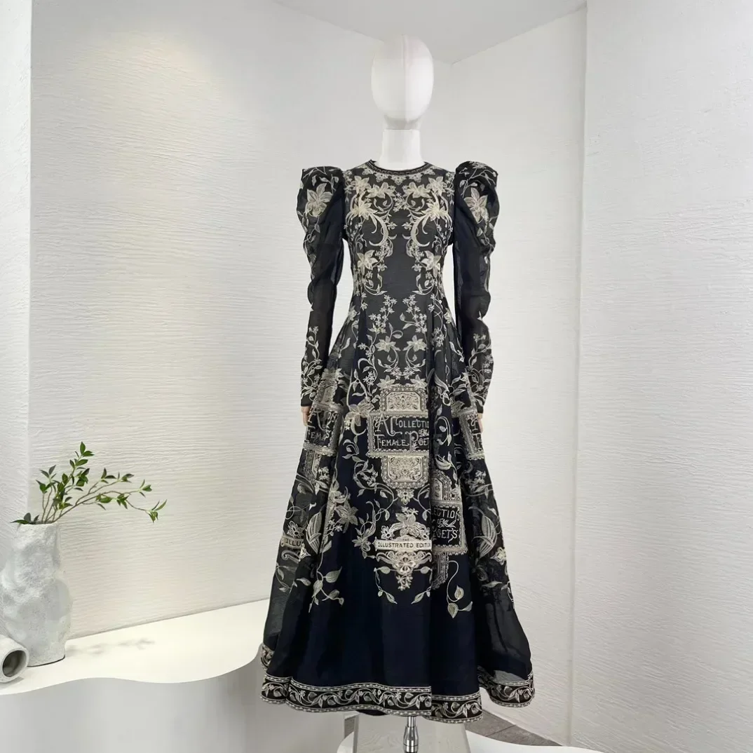 

Женское платье средней длины, черное или бежевое платье из льна и шелка, полупрозрачное платье с вышивкой и пышными рукавами в стиле барокко, весна-осень 2023