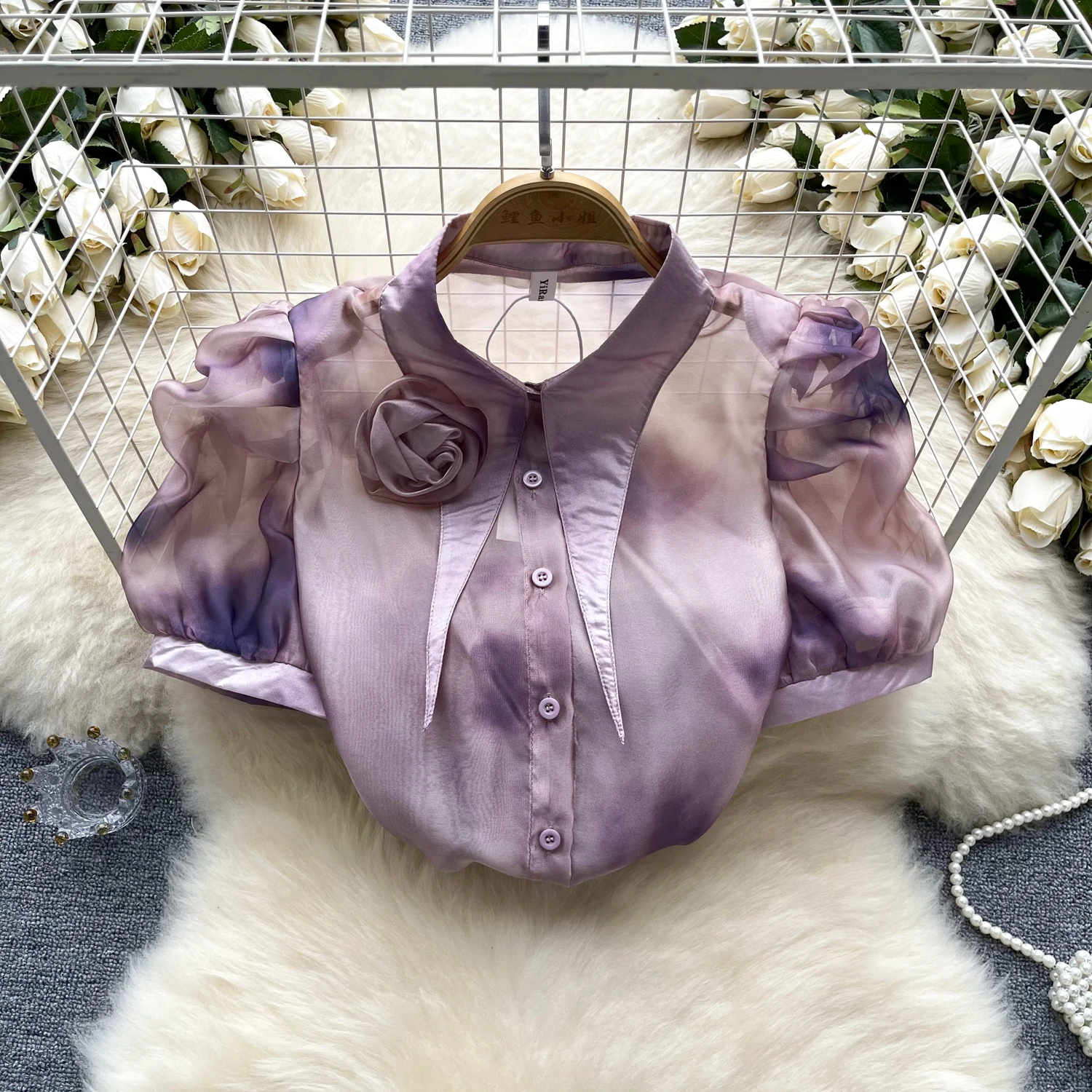 

Винтажная Элегантная блузка с рукавами-фонариками и трехмерными цветами, модная рубашка с отложным воротником, шикарный топ, Сказочная Летняя женская рубашка