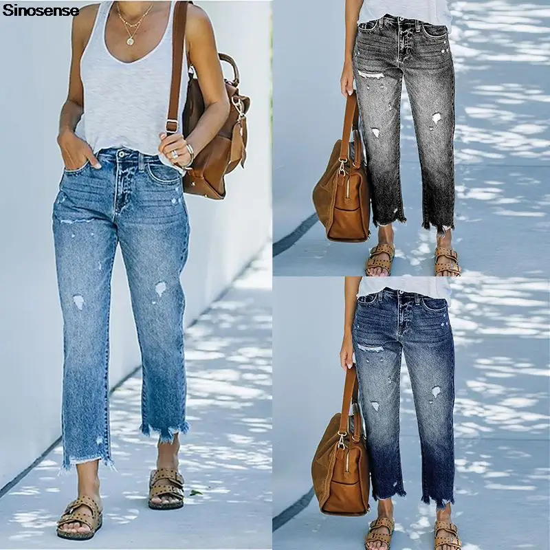 

Women Distressed Raw Hem Washed Boyfriend Jeans Destroyed Straight Leg Denim Pants Summer High Waisted Jeans XXL