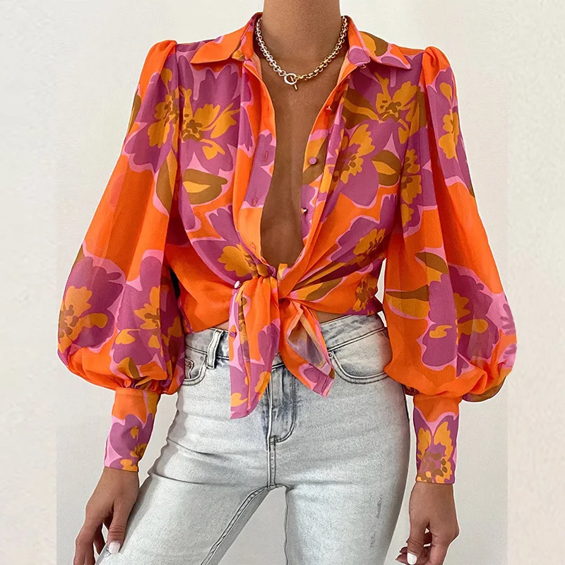 

Young Women's Spring And Autumn New Products Recommend Long-sleeved Lapel Single-breasted Fashion Bubble Sleeve Shirts.