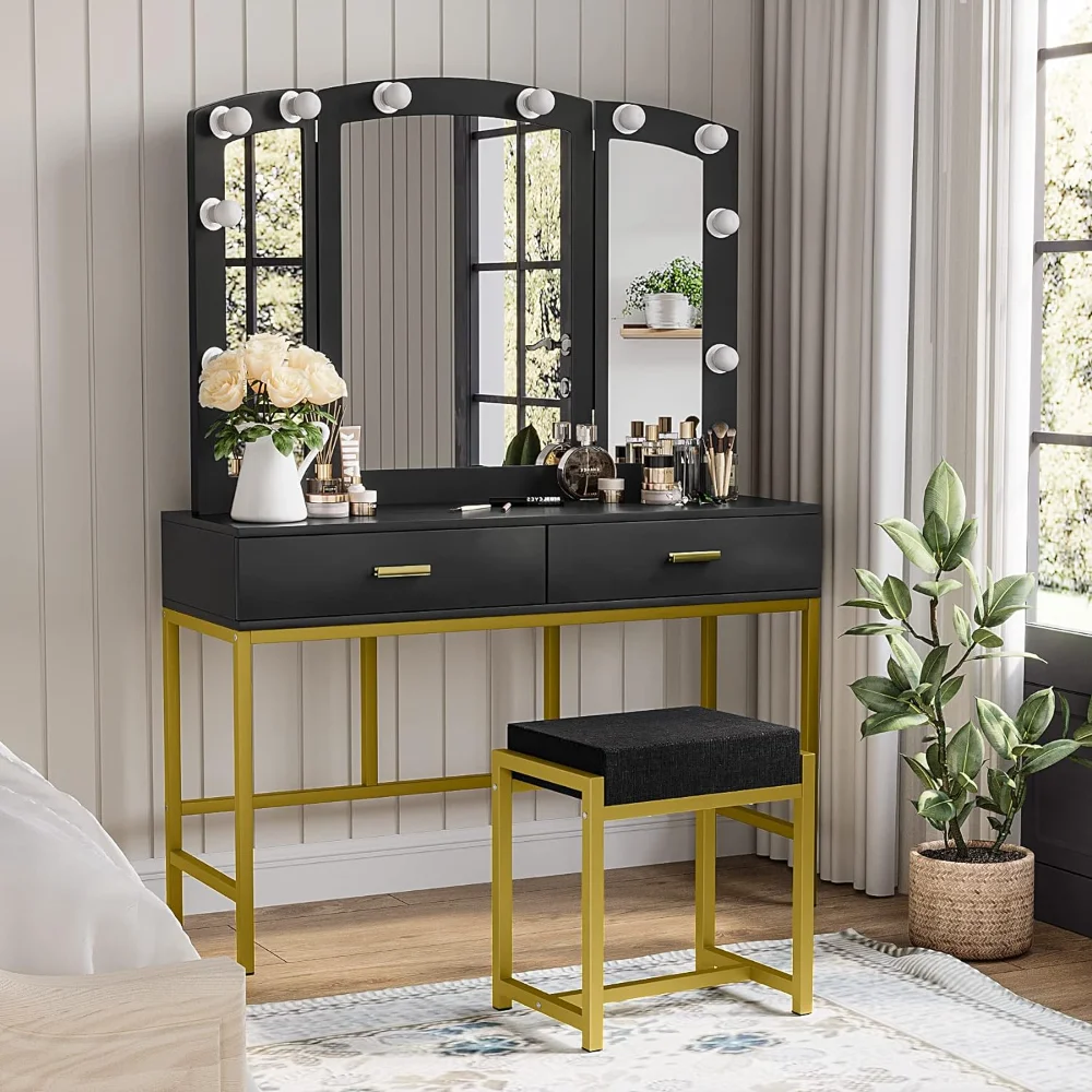 Black Vanity, Tri-Fold Large Mirror Makeup Vanity, 60.1" Vanity Desk with Makeup Mirror Lighted, Vanity Mirror with Lights Desk,
Black Vanity, Tri-Fold Large Mirror Makeup Vanity, 60.1" Vanity Desk with Makeup Mirror Lighted, Vanity Mirror with Lights Desk,