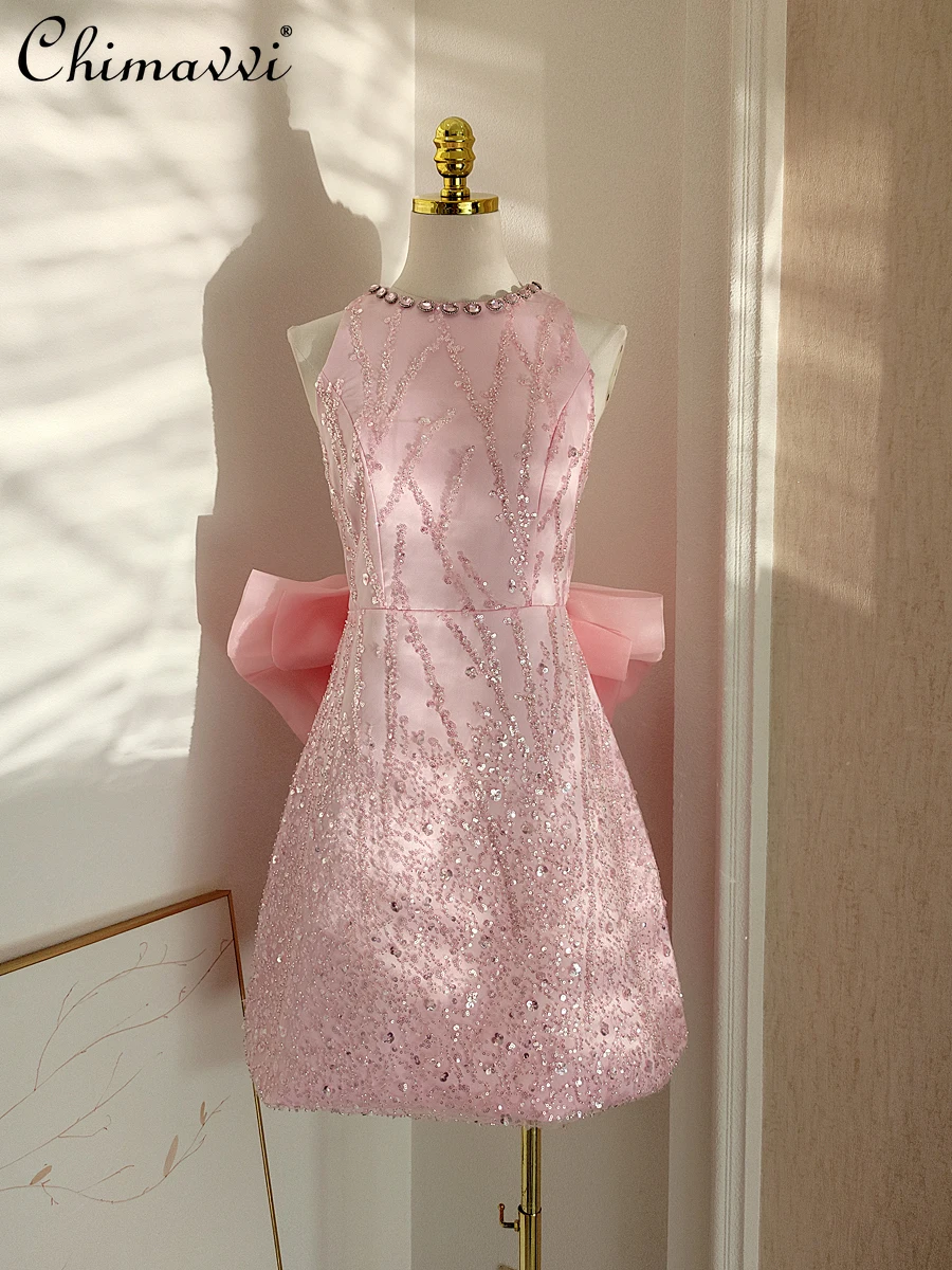 

New French Socialite Heavy Net Yarn Diamond Beaded Sequins Dress Fashion Sweet Stitching Three-Dimensional Bow Party Dresses