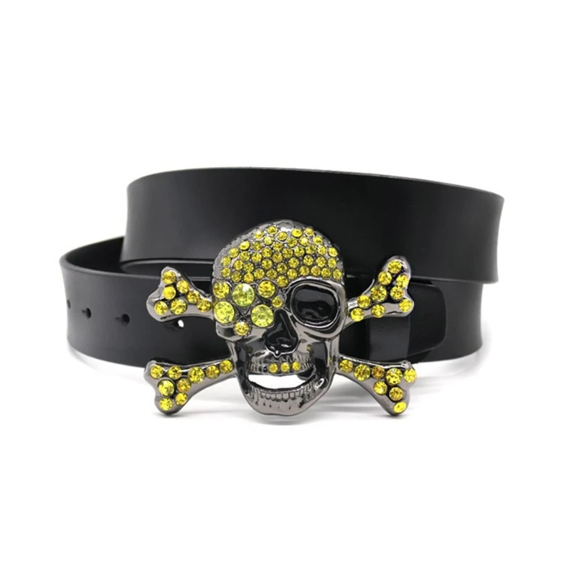

Rock Style Skull Head Buckle Belt for Dress Waist Belt Shinning Rhinestone Buckle Wide Waist Belt Ladies Coat Decors