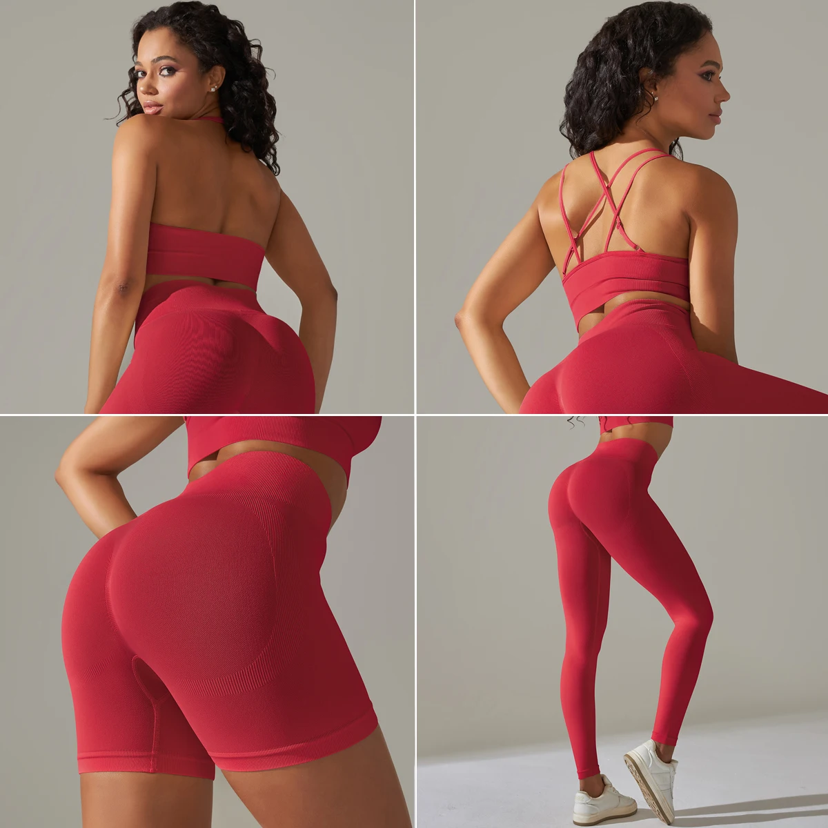 

Women's 4 Piece Outfits Ribbed Seamless Exercise Scoop Neck Sports Bra One Shoulder Tops High Waist Shorts Leggings Active Set