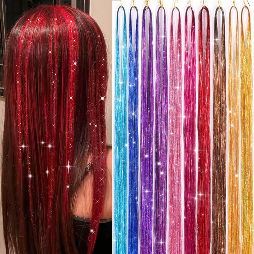 

120cm/47inch Sparkle Hair Tinsel Rainbow Colored Strands Girls Headwear Hairbinge Hair Laser False Hair Extensions Decor Glitte