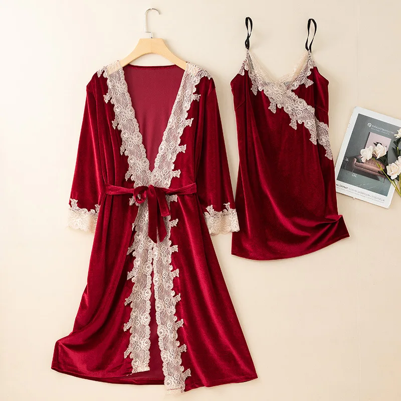 

Женская осенне-зимняя бархатная ночная рубашка, кружевная Домашняя одежда, Свободная Повседневная Ночная рубашка, комплект из двух предметов, сексуальная ночная сорочка на бретелях-спагетти