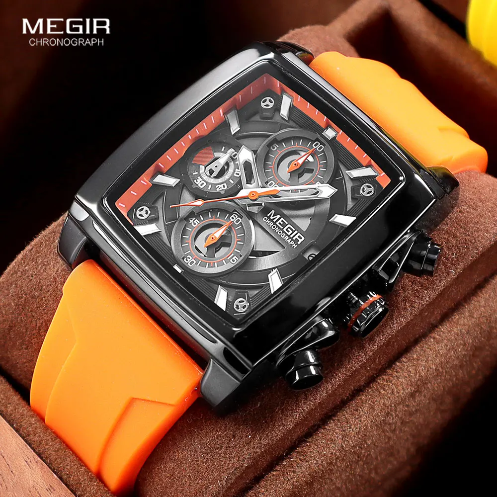 

MEGIR Orange Watch for Men Fashion Sport Waterproof Quartz Wristwatch with Chronograph Luminous Hands Auto Date Silicone Strap