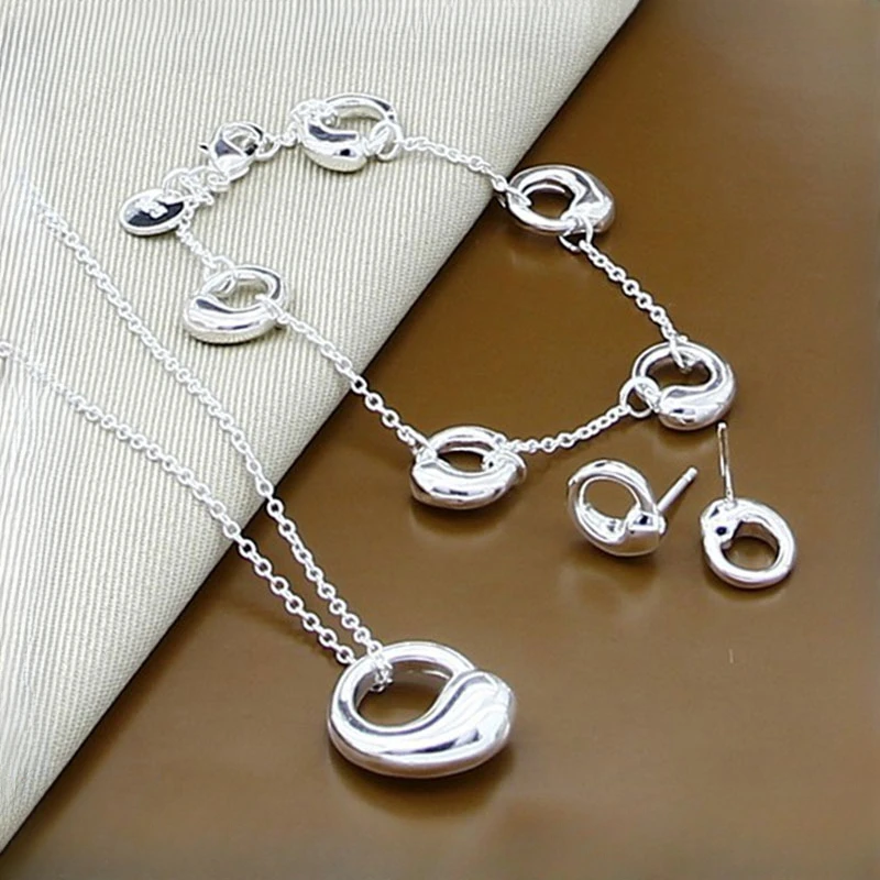 

CHUANGCHENG 925 Sterling Silver Circle Waterdrop Pendant Necklace Link Chain Bracelets Earrings for Women Fashion Jewelry Set