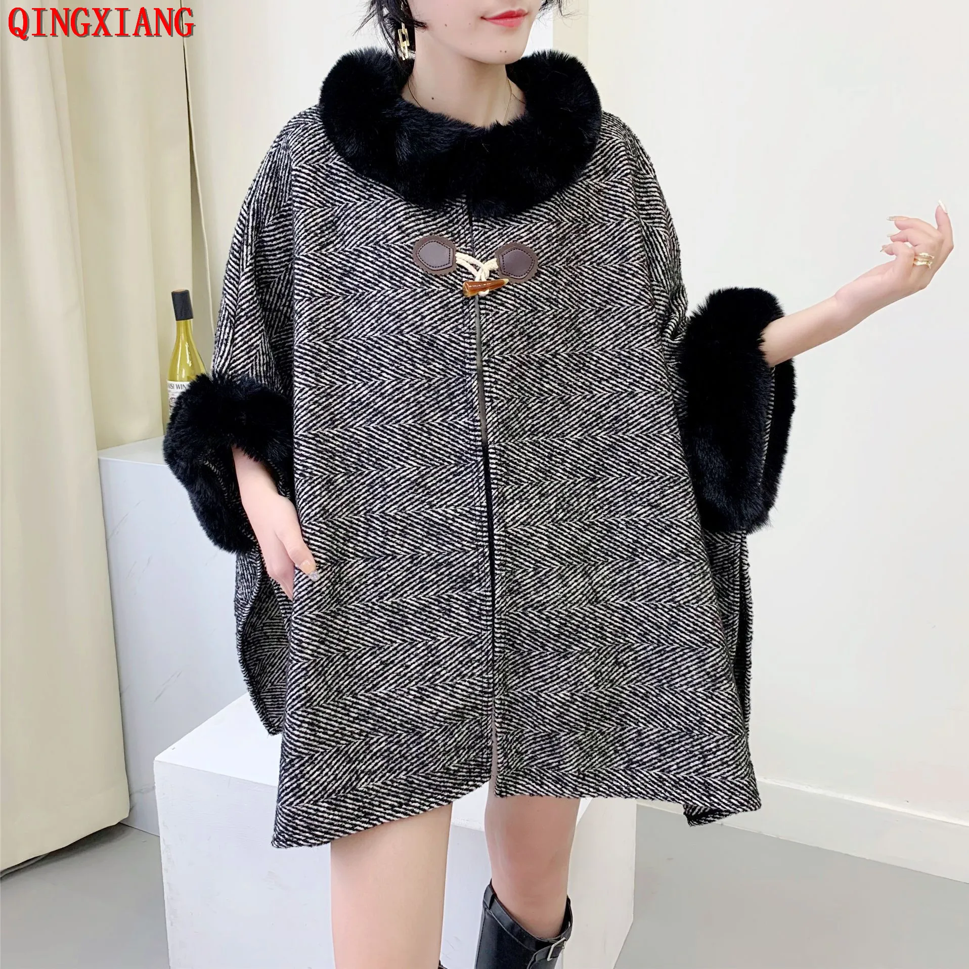 

6 Colors Winter Thick Warm Mantle Long Poncho Cloak Faux Rabbit Fur Loose Overcoat Striped Short Batwing Sleeves Cardigan Jacket