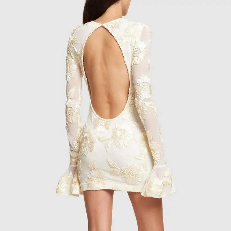

Backless White Jacquard Embroidery Flower Slim Fit Dress Flare Sleeve Design Mini Dress Retro Design Party Evening Luxury 2023