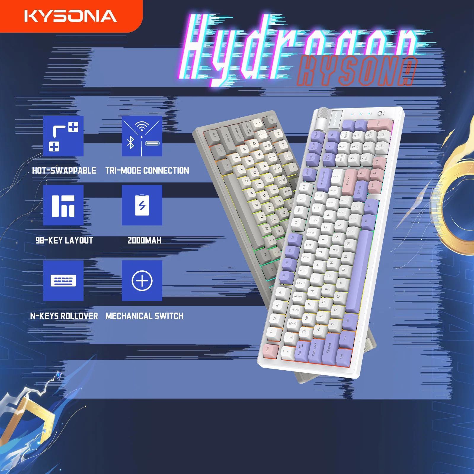 

KYONA Wireless RGB Mechanical Keyboard Full Key Hot Plug Axis Wireless Bluetooth E-sports Game For Desktop Laptop Windows Mac OS