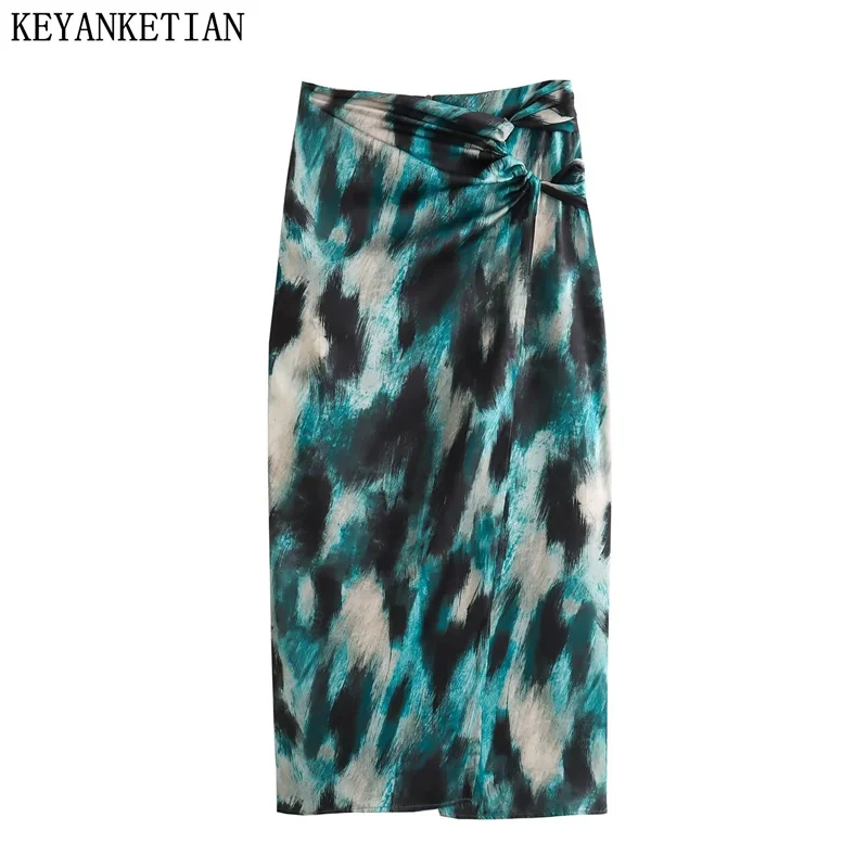 

KEYANKETIAN Autumn New Women's Graffiti Print Skirt Vintage Front Knot Decoration Zipper High-Waisted Slit A-Line MIDI Skirt