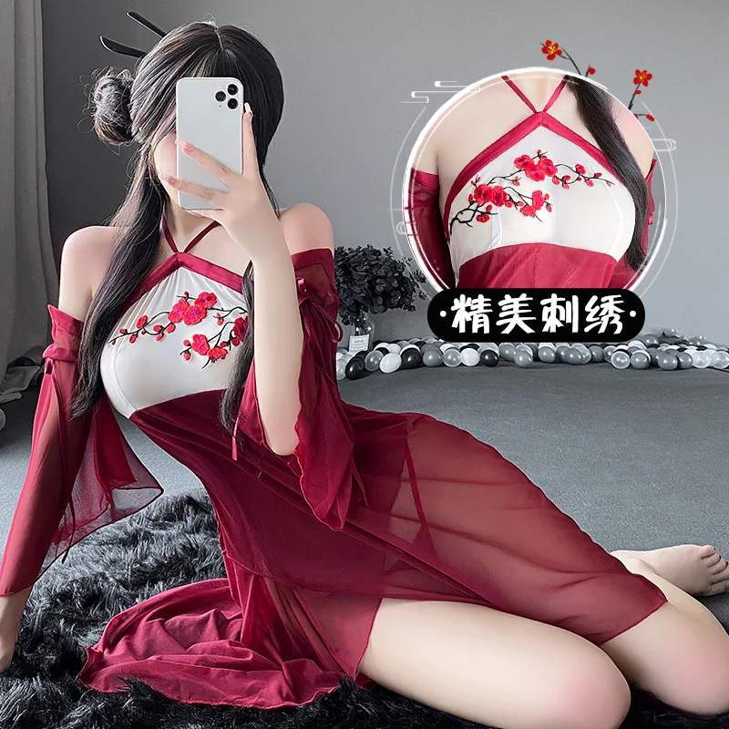 Ancient Chinese Costume Hanfu Women Erotic Lingerie Sexy Perspective Hanging Neck Plum Flower Embroidery Dress Long Sleeves Suit
Ancient Chinese Costume Hanfu Women Erotic Lingerie Sexy Perspective Hanging Neck Plum Flower Embroidery Dress Long Sleeves Suit