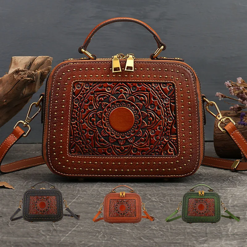 

Leather retro hand rivet round national style handbag embossed fashion messenger bag