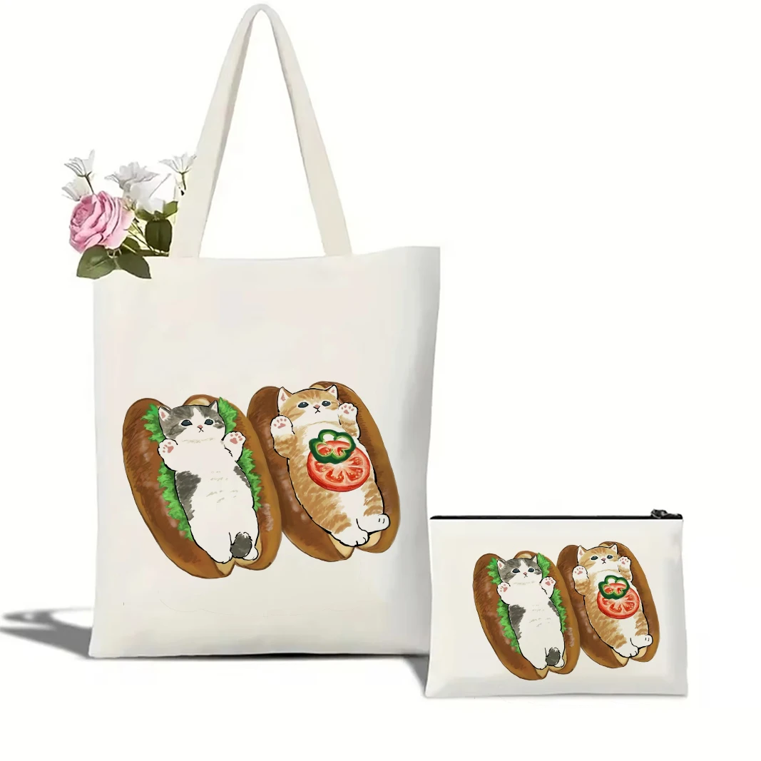 Cute Cats and Food Canvas Tote Bag - Adorable Creativity-Inspired Shoulder Bag 20 S9c51f129d3964ca09a4164ff36ff0d887