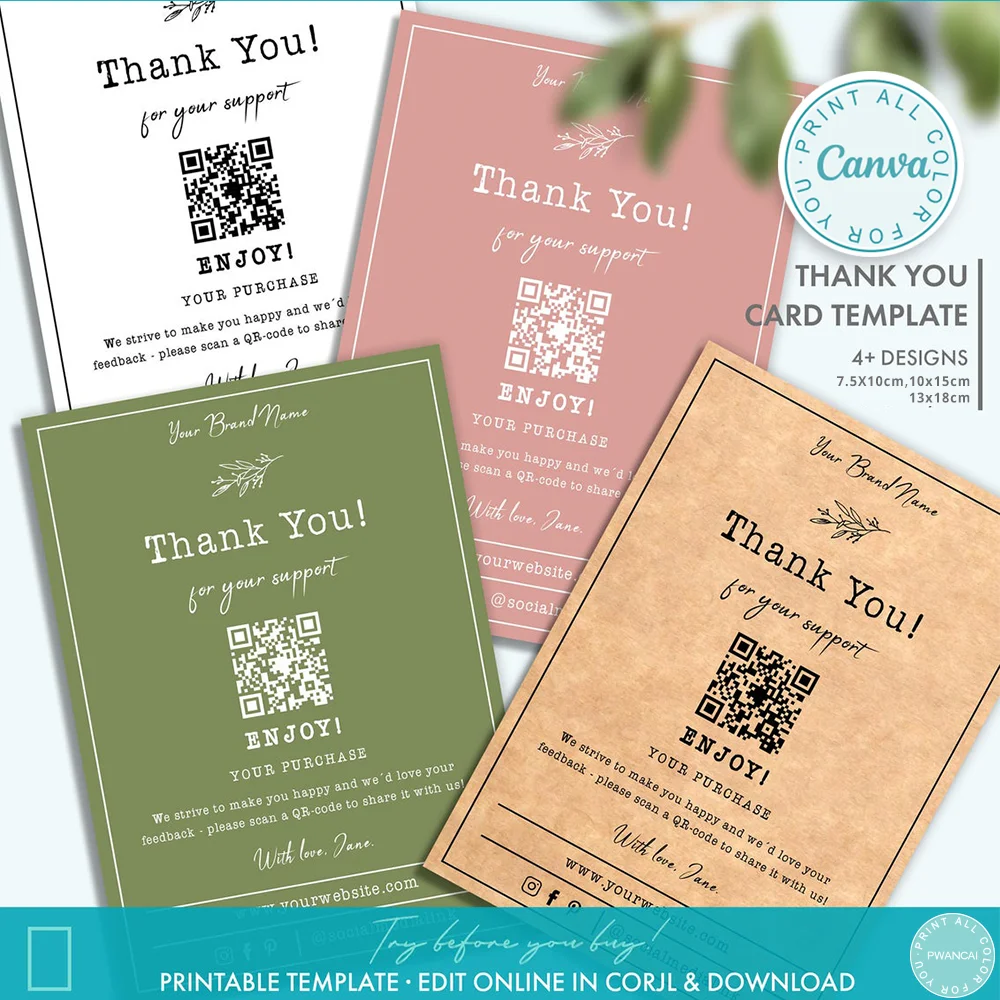 

Printable Botanical Thank You For Your Order Card DIY Floral Minimal Business Thank You Card Template QR-code Review Request