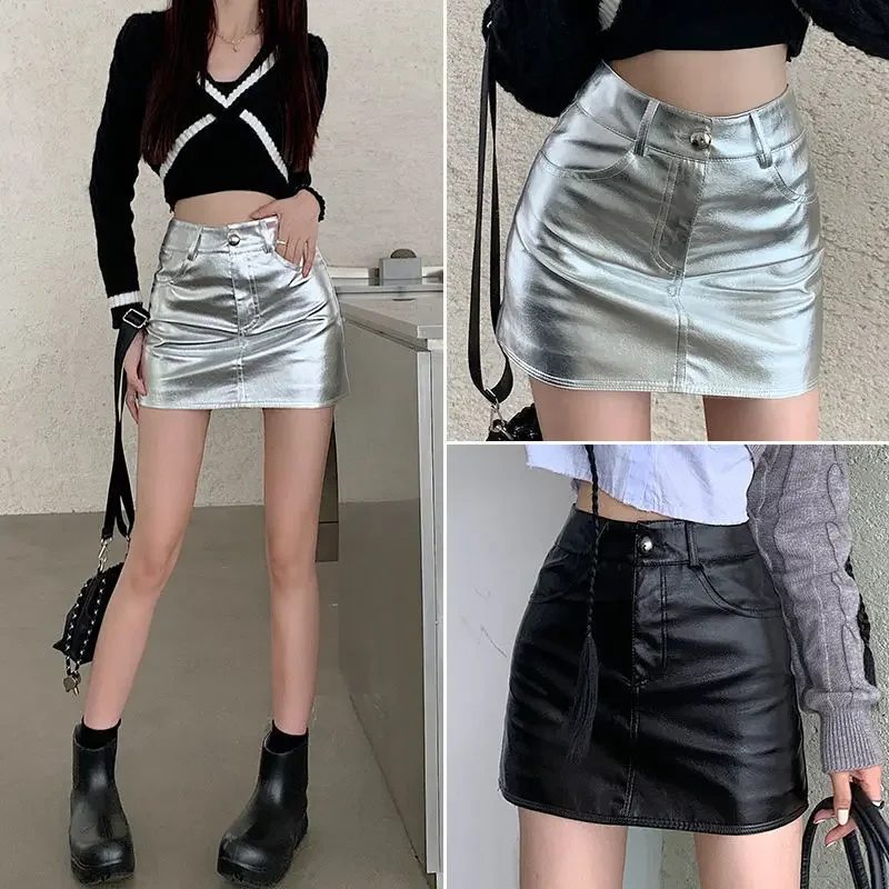 

Silver PU Leather Skirt Shiny A-line Half length Skirt for Women Spring Autumn 2024 New High Waist Korean Spicy Girls Mini Skirt