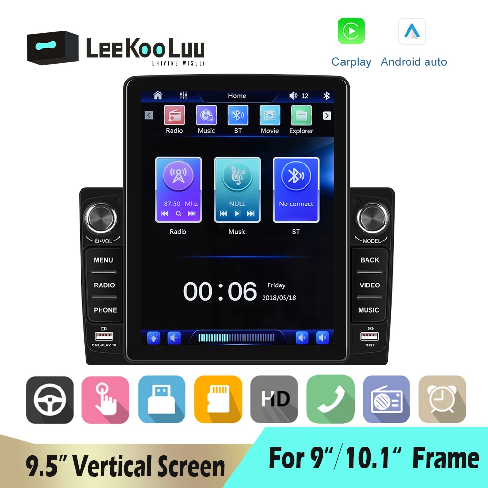 

LeeKooLuu 2 Din Auto Radio 9.5'' HD Vertical Screen Car Multimedia Player Bluetooth USB Mic Mirror Link Carplay/Android Auto