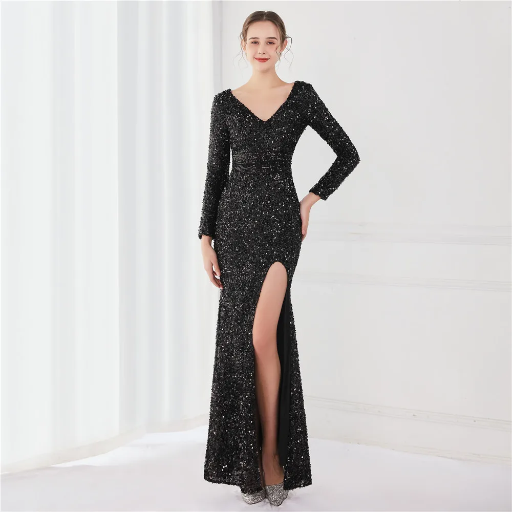 Black Full Sleeves Mermaid Evening Dress V Neck High Split Sequins Long Elastic Formal Gowns For Women Birthday Party In Stock
Black Full Sleeves Mermaid Evening Dress V Neck High Split Sequins Long Elastic Formal Gowns For Women Birthday Party In Stock