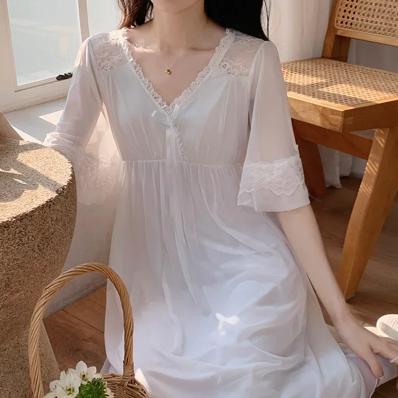 Fairy Solid Color Long Nightdress Vintage Summer Mesh Night Dress Princess Sleepwear Nightwear Sweet Lace Short Sleeve Nightgown
Fairy Solid Color Long Nightdress Vintage Summer Mesh Night Dress Princess Sleepwear Nightwear Sweet Lace Short Sleeve Nightgown