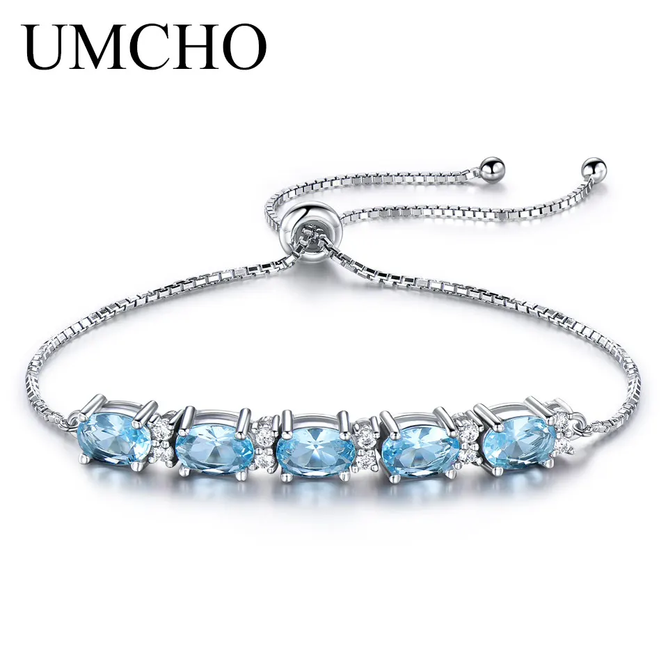 

UMCHO 5ct Natural Sky Blue Topaz Real 925 Sterling Silver Jewelry Aquamarine Charm Bracelets & Bangles For Women Fine Jewelry
