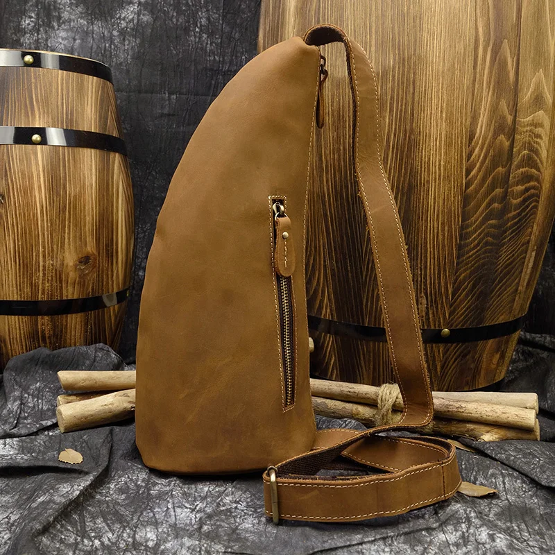 

Chest Bag Leather Crossbody Crazy Horse Sling Vintage Fashion Pack For Mena ox horn bag