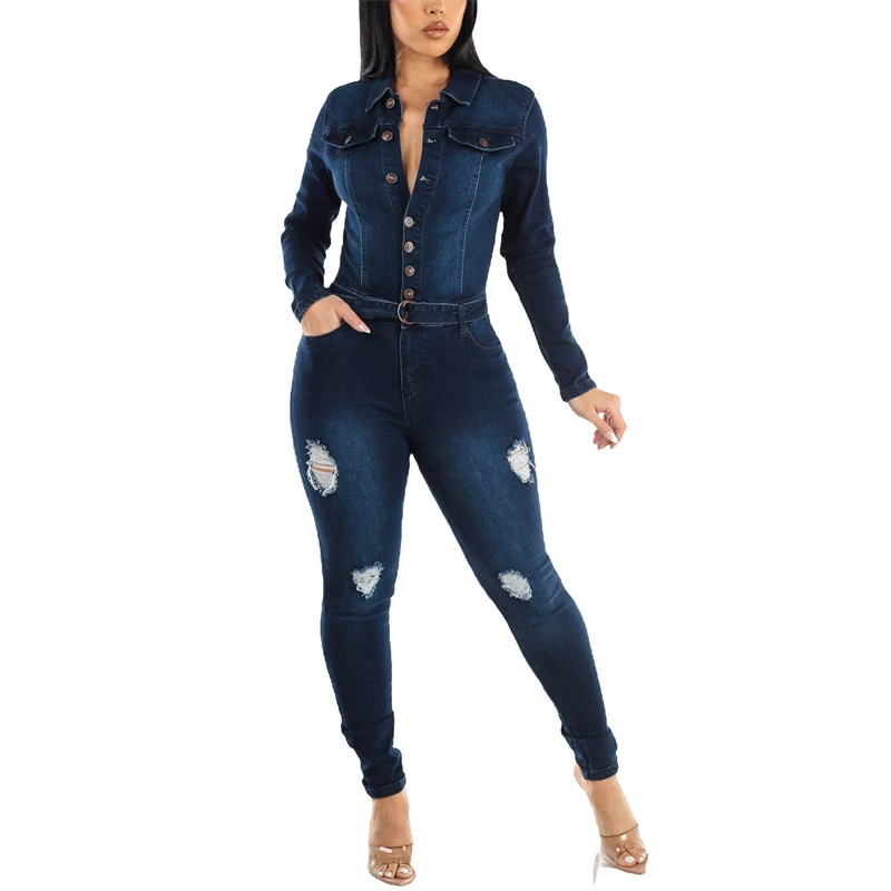 

Fashion Ripped Denim Jumpsuit Women 2024 Skinny Stretch Hole Full Length Jeans Jumpsuits Elegant Bodycon Woman Romper Overalls