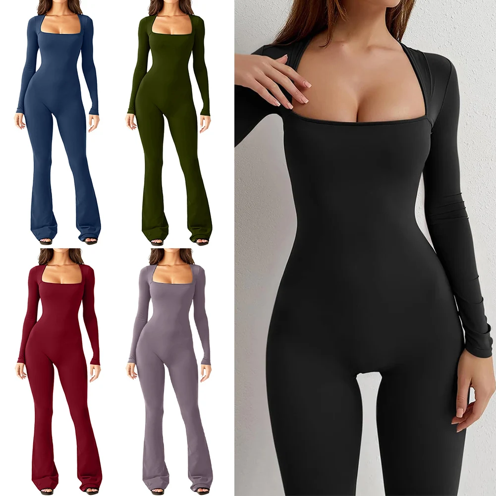 

Women Bodycon Jumpsuit Long Square Neck Slim Fit Flared Pants Romper Playsuit Street Casual Y2K High Elasticity Hot Girl Sexy