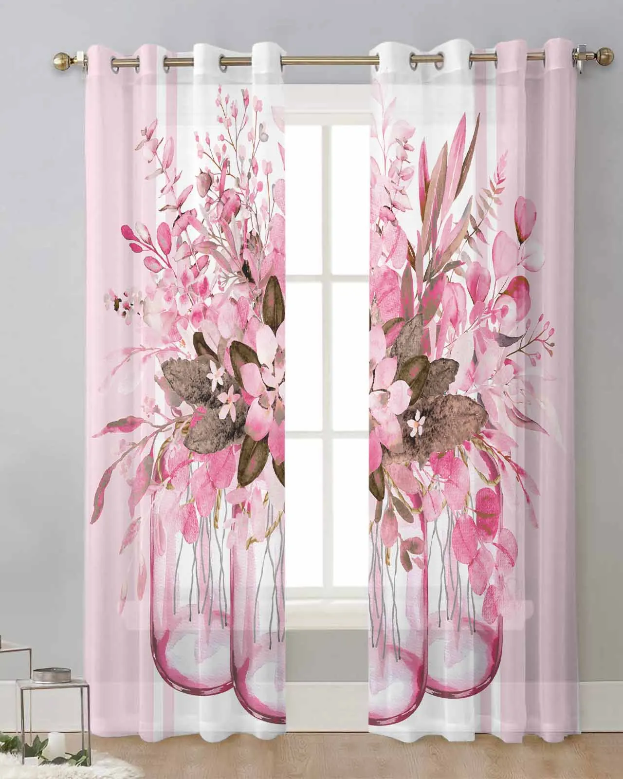 

Весенние розовые шторы из эвкалипта в полоску для спальни, занавески для окон, тюлевые прозрачные шторы для гостиной