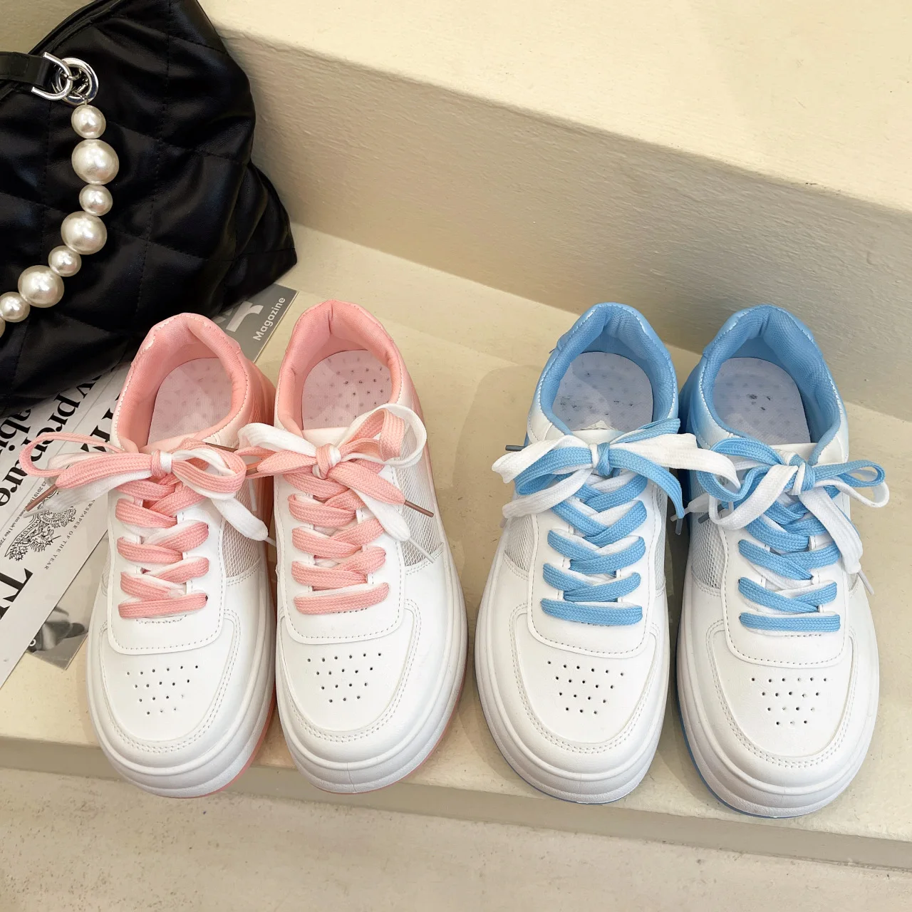 

Girl's New gradient mesh breathable board shoes small white shoes with women's shoes summer thick sole casual shoes