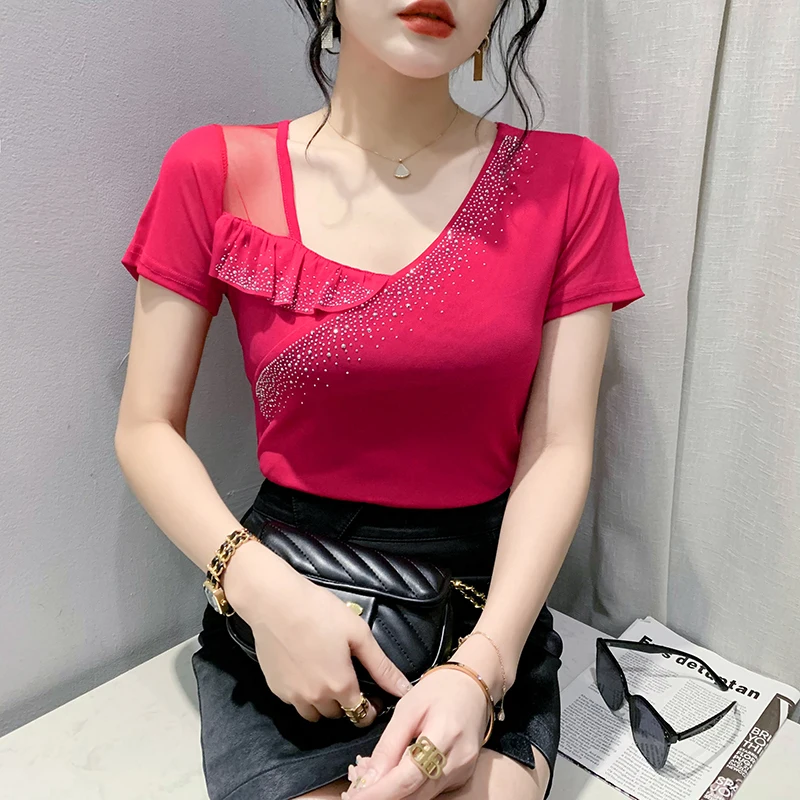 

2023 Summer Mesh Tops Korean Fashion Skew Collar Ruffle Shirt Diamond Long Sleeve Women's T shirt