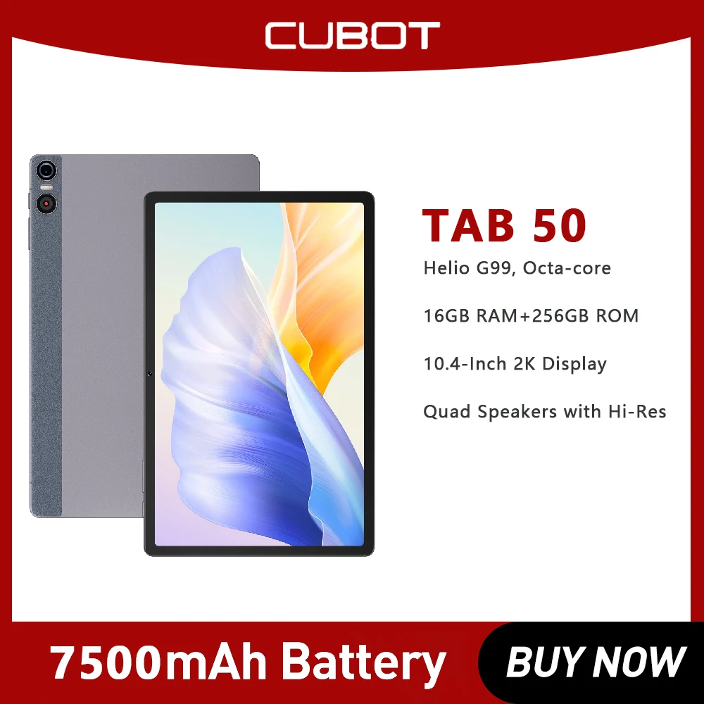 

Cubot TAB 50 10.4" Tablet android 13, Helio G99, Octa-core, 16GB RAM(8+8GB), 256GB ROM, 2K Display, 7500mAh, 4G, WIFI, GPS, OTG