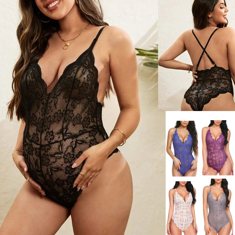 

Fashion Pregnant Women One Piece Lingerie Deep V Teddy Sexy Lace Bodysuit